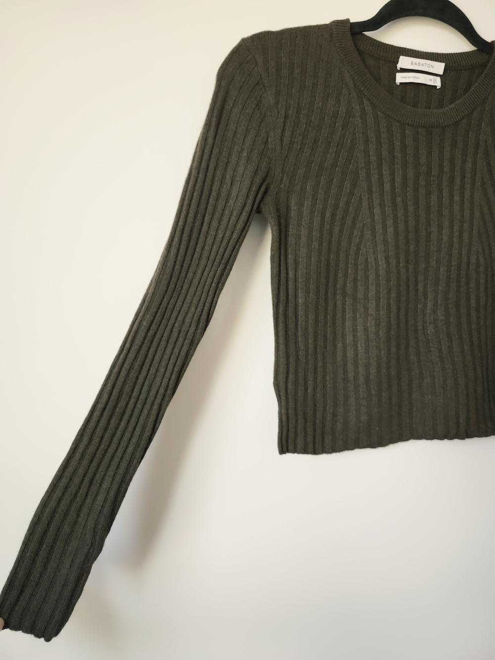 ARITZIA BABATON Olive Green Wool Linen Blend Ribbed Long-Sleeve Crewneck Top - Picture 3 of 7